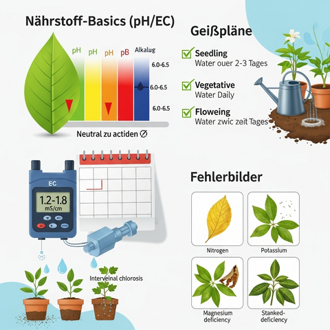 Nährstoff-Basics (pH/EC), Gießpläne & Fehlerbilder – der Praxis-Guide