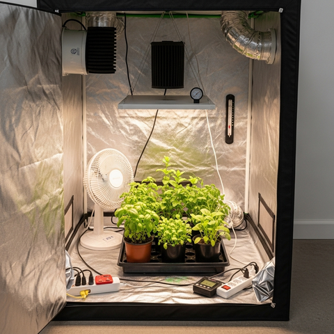 Setup eines Growshops mit Pflanzen drin.